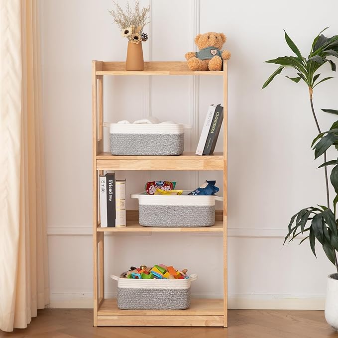 OIAHOMY 3 Pack Storage Baskets for Organizing, Woven Cotton Rope Basket for Shelves, Closet Organizer Bins with Handles, Rectangle Toy Organization, 13.78''×9.84''×5.5'', Grey & White