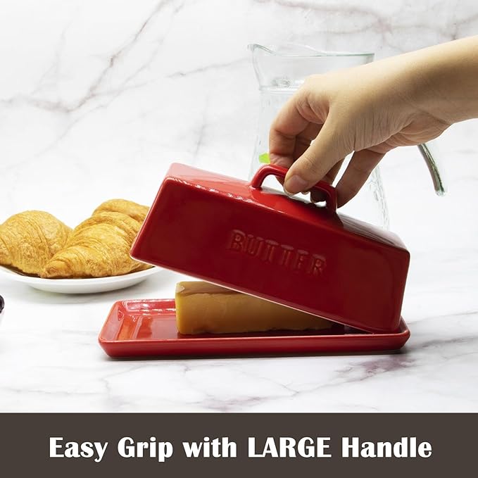 Ceramic Butter Dish With Lid for Countertop, Covered Butter Holder With Lid, Red Butter Container, Butter Tray With Handle