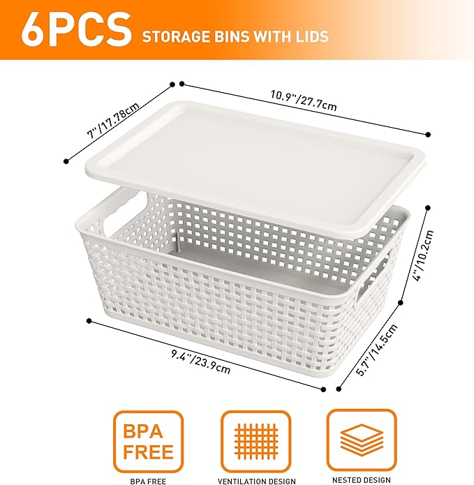 Plastic Storage Baskets With Lid, Storage Bins for Organizing, Stackable Decorative Containers for Shelves Drawers Desktop Closet Playroom Classroom Office, 6 Pack- White