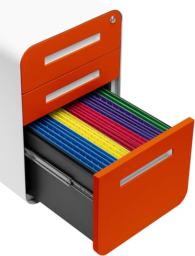 Laura Davidson Furniture Stockpile 3 Drawer File Cabinet with Lock - Under Office Desk Metal Filing Cabinet, Legal/Letter File Folders, Wheels and Stationary Feet, Pre-Assembled, Orange Faceplate