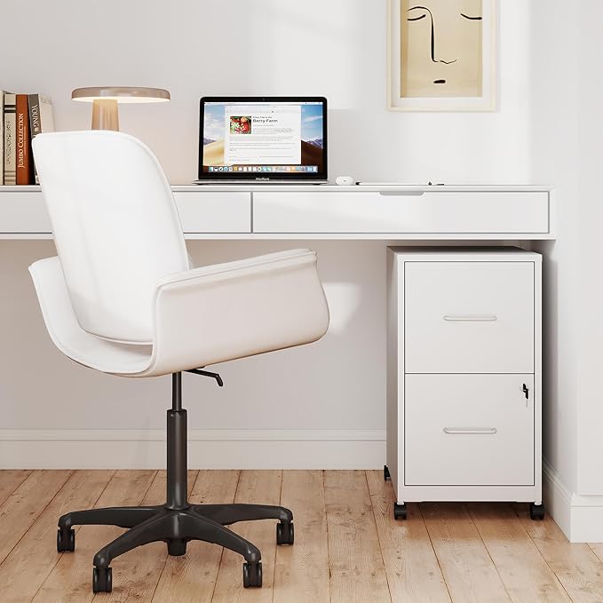 2 Drawer File Cabinet on Wheels, Mobile Filing Cabinets with Lock, Metal Storage Cabinet, Vertical Filing Cabinets for Home Office, Rolling File Cabinet for Under Desk, Amssebly Required,White