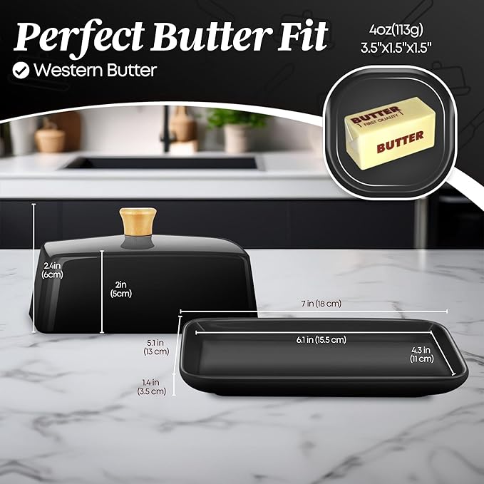 Flexzion Ceramic Black European Butter Dish with Lid for Countertop (7 Inch) - Wide 2 Stick Double Butter Holder for Counter, Cream Cheese Container Storage Keeper