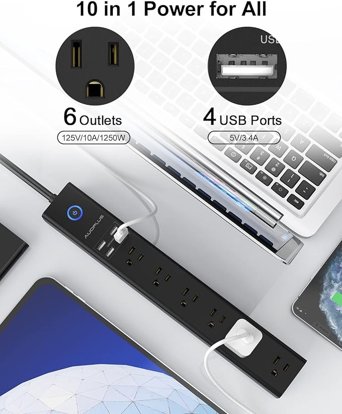 Surge Protector Power Strip with USB, AUOPLUS 10FT Outlet Strip, 6 Outlet and 4 USB Charger,[Flat Plug/Wall Mountable], 1250W/10A/2100J, Long Extension Cord for Computer iPhone Home Office Dorm