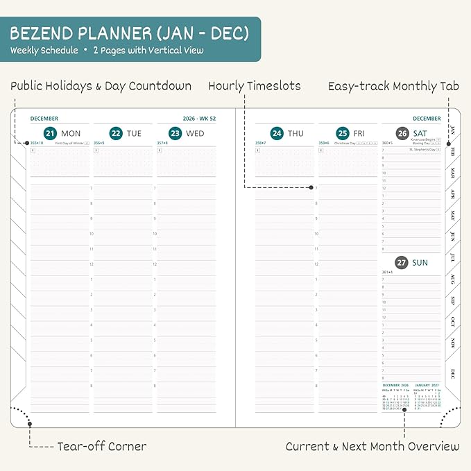 BEZEND 2026 Planner Weekly and Monthly (6" x 8.5") Daily Calendar with Half-Hourly Timeslots & Tabs (Jan-Dec) Note & Expenses, Pen Holder, Inner Pocket, Vegan Leather Hardcover - Cornflower