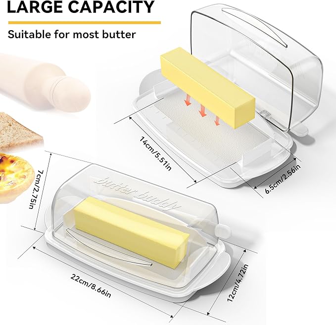 Butter Dish with Lid and Knife, Large Plastic Flip Top Butter Dishes Clear Hinged Lid, Easy Scooping Non-Slip Bottom