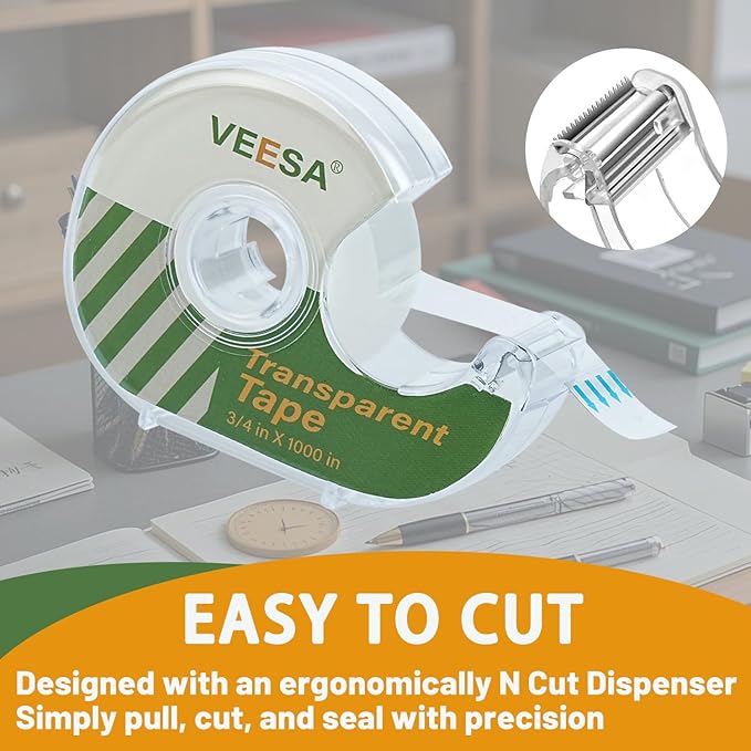VEESA Transparent Tape with Dispenser, 3/4 x 1000 Inches, 12 Rolls Clear Tapes and Refillable Dispensers, Office Tape Rolls with Dispenser Bulk for Craft Jobs, Home & School Supplies