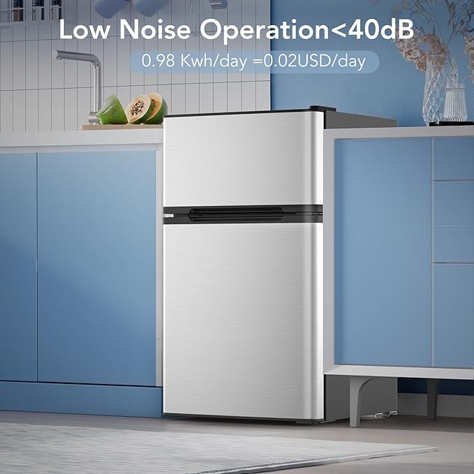 3.1 Cu.Ft Mini Fridge with Freezer, 2 Door Compact Refrigerator, Mini Fridge with Adjustable Removable Glass Shelves for Bedroom, Office, Dorm or Apartment, Stainless Steel