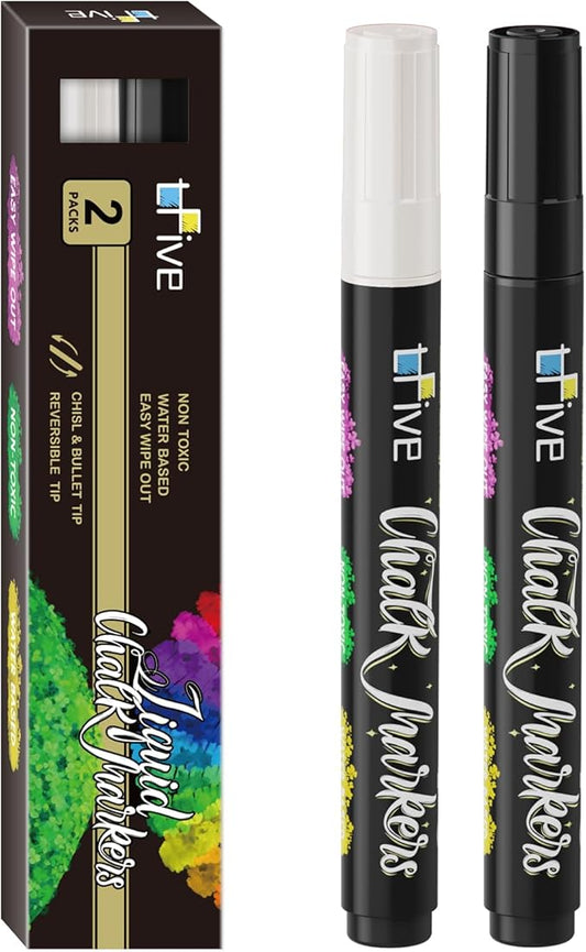 TFIVE White&Black Liquid Chalk Markers - 2 Pack Bright Colors Erasable Chalk Marker Pens, Reversible Tip, Non-Toxic, for Chalkboards, Signs, Glass, Easy to use Chalk markers TF800