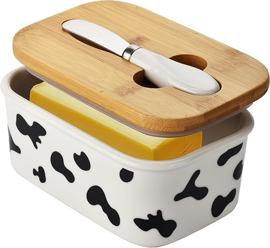 Large Butter Dish with Lid for Countertop,Cow Ceramic Butter Container with Knife Airtight Cover,Butter Keeper for Kitchen Counter or Fridge,Butter Holder Storage,Farmhouse Decor (White)