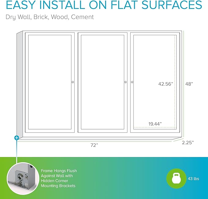 Ghent 48"x72" 3-Door indoor Enclosed Bulletin Board , Shatter Resistant, with Lock, Satin Aluminum Frame Natural Cork (PA34872K) Made in the USA