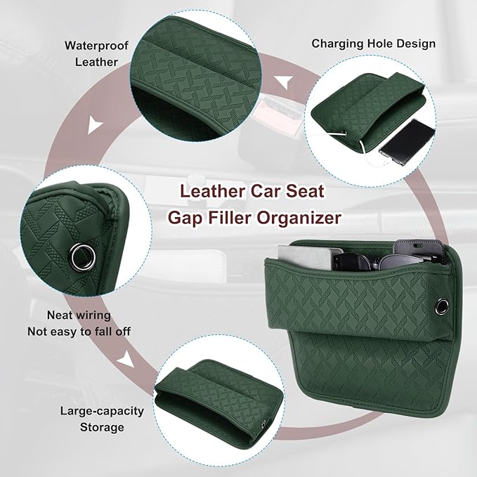 HARFINGTON 2pcs Car Seat Gap Filler Organizer 11.5 x 8 x 2.1 Inch Leather Universal Car Organizer Storage Box Between Seat and Console for Phone Keys, Dark Green