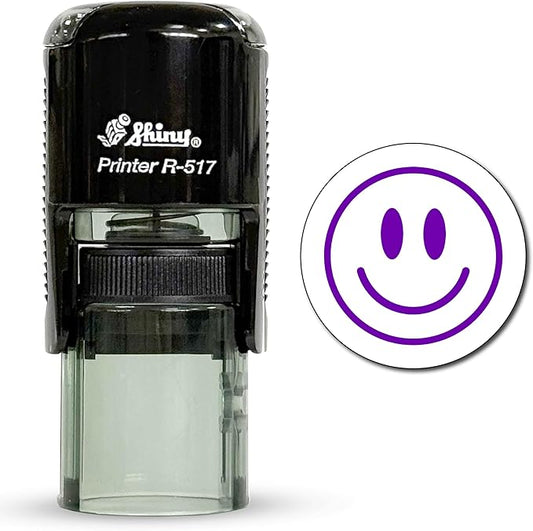 Shiny Smiley Face Teacher Stamp, Round Self Inking Stamp for Classroom, Purple Ink