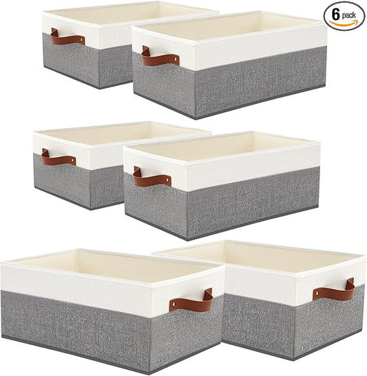 6 Pack Closet Storage Bins, Storage Baskets for Shelves, Linen Closet Organizers and Storage with Leather Handles for Clothes,Towels, Sheets, Jeans, Toys, Books (Grey and White)