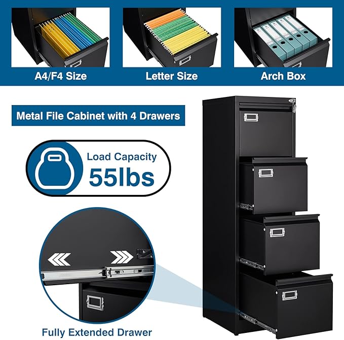 4 Drawer File Cabinet, Vertical Filing Cabinets with Lock, Metal File Cabinets for Home Office, Anti-Tip 4 Storage Drawers for Letter/Legal/A4/F4 Size (Assemble Required, Black)