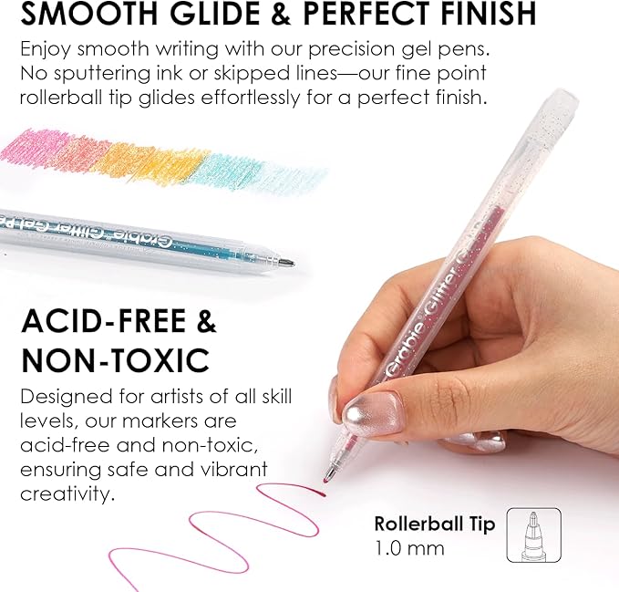 Grabie 42 Glitter Gel Pen Set, 18 Iridescent&24 Essential Color Pens, Smooth Rollerball Tip, Metallic Sparkly Gel Pens for Coloring (42 Colors Capped Glitter Gel Pens)