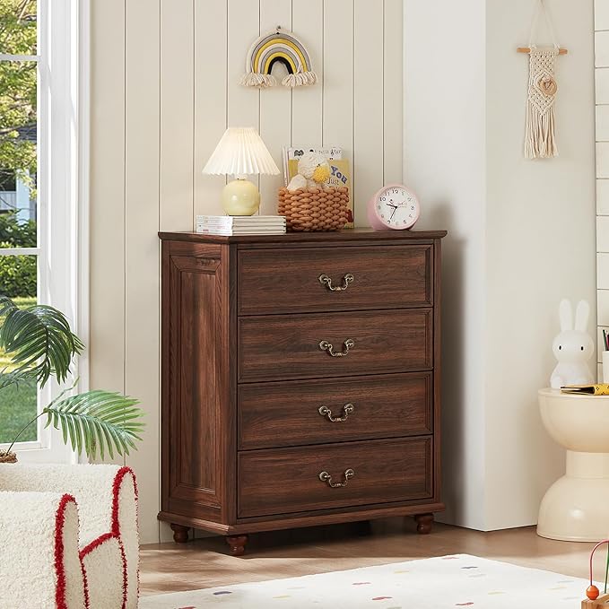 Farmhouse 4 Drawer Dresser Set of 2 for Bedroom, 37" Tall Rustic Chests of Drawers w/ 4 Solid Wood Feet, Mid Century Vintage Wooden Closet Storage Dressers Organizer for Living Room, Brown