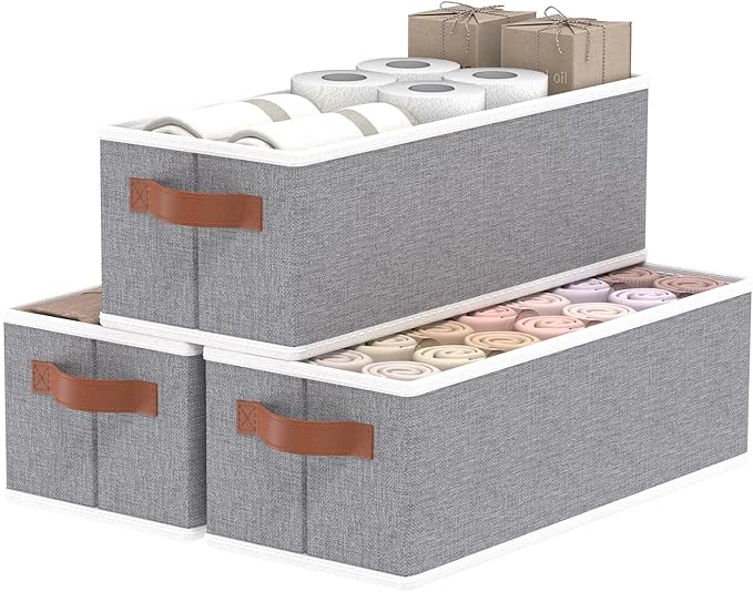 OUTBROS Storage Baskets, Foldable Bins for Shelves, Fabric Boxes With Handles, Wardrobe Organiser, For Bedrooms, Living Rooms, Grey, 15 x 6.1 x 5.1 inch, 3-Pack