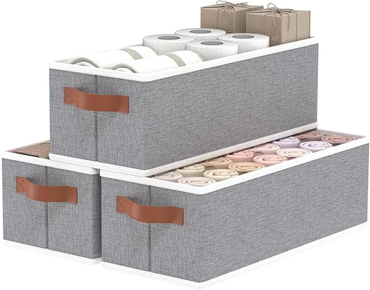 OUTBROS Storage Baskets, Foldable Bins for Shelves, Fabric Boxes With Handles, Wardrobe Organiser, For Bedrooms, Living Rooms, Grey, 15 x 6.1 x 5.1 inch, 3-Pack