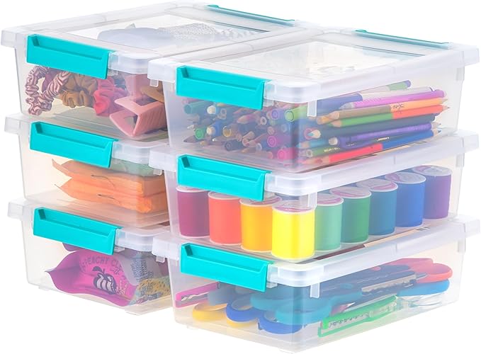IRIS USA 2 Qt. Small Plastic Storage Bins with Lids, 6 Pack, Clip Box Containers for Craft Storage, Organizing Tote Sensory Bins for Home, Office & Art Supplies, Stackable, Clear