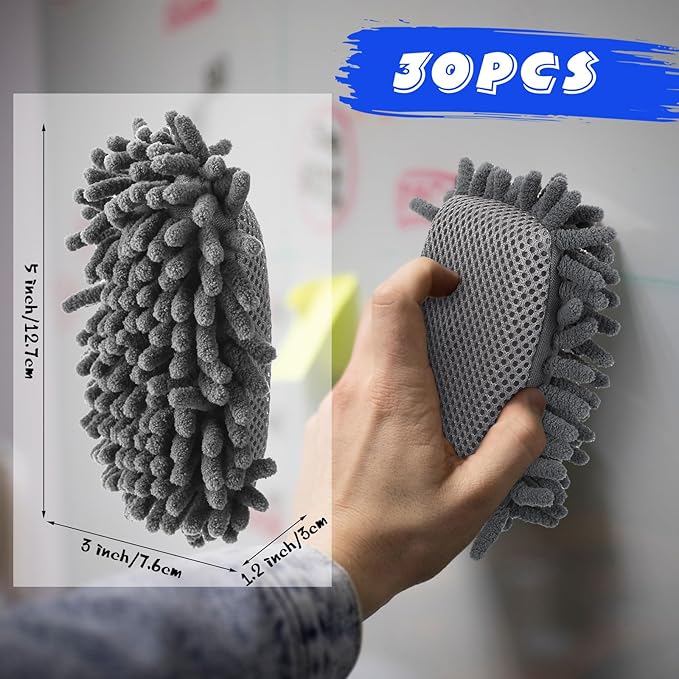 Sherr 30 Pcs Microfiber Shag Dry Erasers Bulk Magnetic Whiteboard Eraser Washable Colorful Chalk Board Eraser Markers Chalk Home School Classroom Office Supplies(Gray)