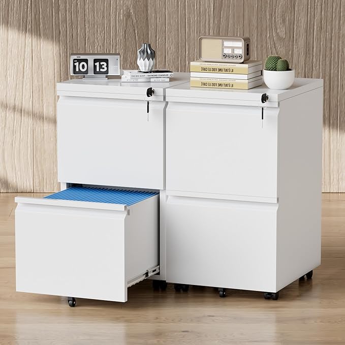 Greenvelly 2 Drawer Mobile File Cabinet with Lock, Metal Filing Cabinet on Wheels, Under Desk File Cabinet for Home Office Organizer Letter/Legal/A4 File (Assembly Required, White)