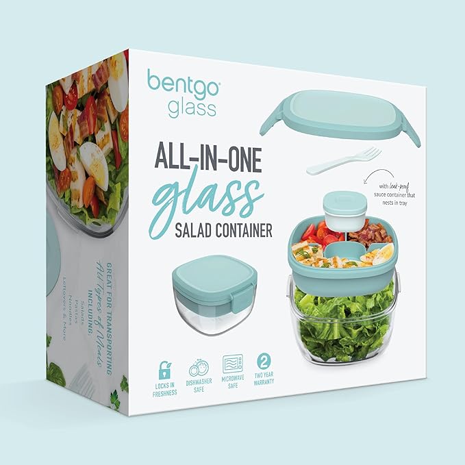 Bentgo Glass All-in-One Salad Container - Large 61-oz Salad Bowl with Lid, 4-Compartment Bento-Style Tray, 3-oz Sauce Container & Reusable Fork - Dishwasher, Microwave, Oven Safe (Coastal Seaglass)