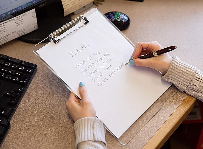 Plastic Clipboards (Set of 6) Transparent Clipboard (Clear) Strong 12.5 x 9 Inch | Holds 100 Sheets! Acrylic Clipboards with Low Profile Clip | Bulk Back to School Supplies for Teachers