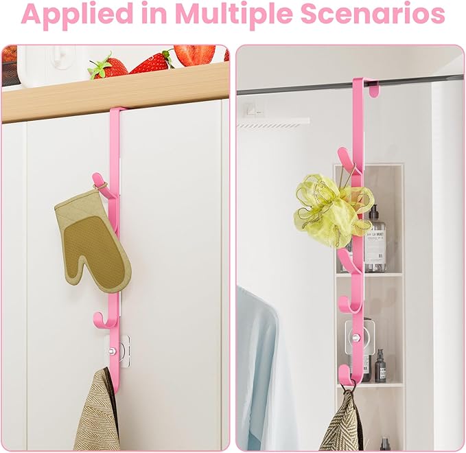 Over The Door Hooks, Metal Door Hooks for Hanging, Over The Door Purse Organizer for Door Coat Hanger, Back of Shower for Hanging Towel Rack Clothes, Hat, Bathroom, Closet (Pink-2Packs)