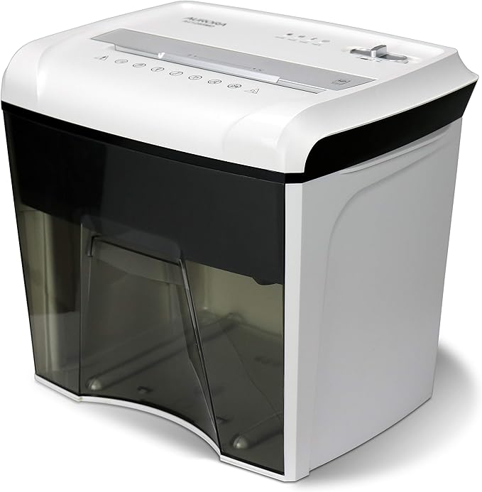 Aurora AU1285MD Compact Desktop-Style High Security 12-Sheet Micro-Cut Paper and CD/Credit Card/Junk Mail Pullout Basket Shredder, White/Black