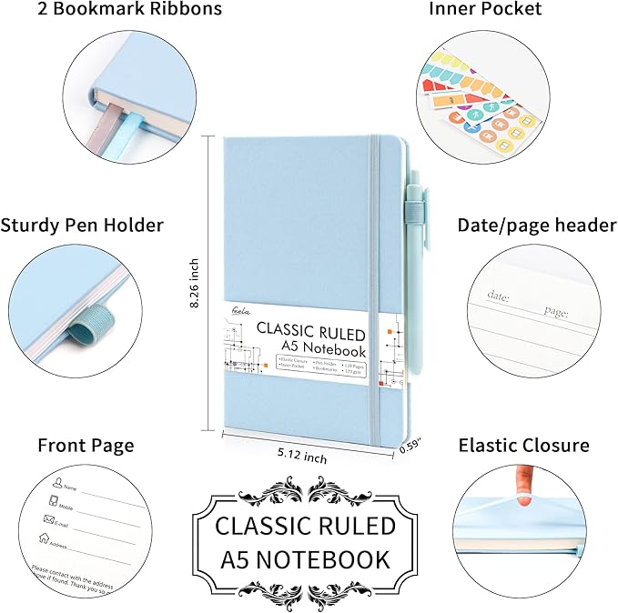 feela 24 Pack Journal Notebook for Work, Business Notebook Bulk Hardcover Lined Writing Journal with Pen Holder for Men Women Note Taking, with 24 Black Pens, 120 GSM, 5.1”x8.3”, A5, Light Blue