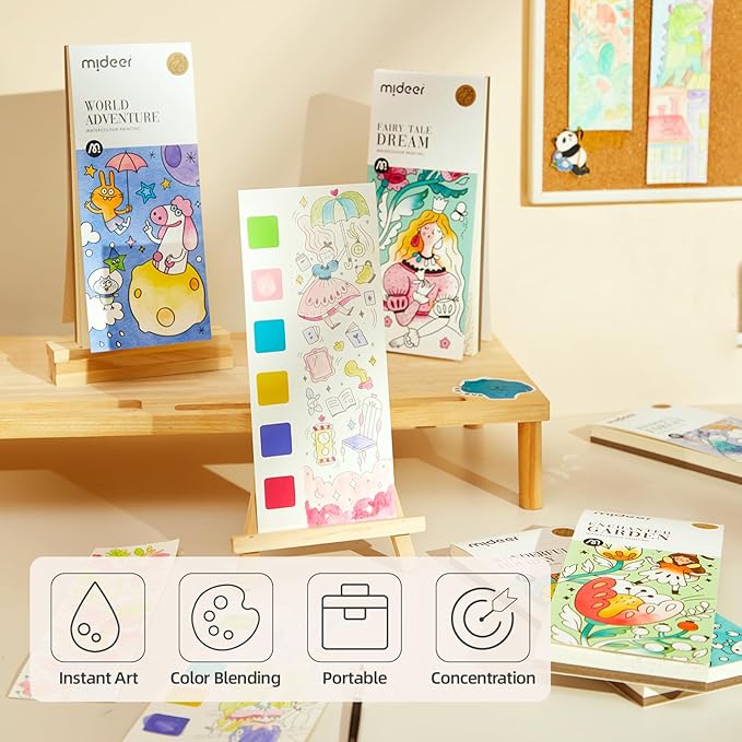 Mideer Watercolor Painting Book for Kids Ages 4-8, Pocket Watercolor Painting Book Arts and Crafts for Toddlers, Travel Activities Paint with Water Coloring Book Set for Kids 3-8 (Fairy Tale Dream)