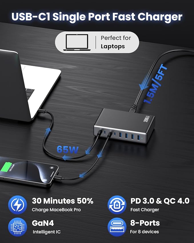 200W USB C Charger Block,GaN IV Charging Station 8 Ports,QC4.0 Fast Charging Station Hub+PD 65W USB C Laptop Charger Adapter Compatible with MacBook Air/Pro,DELL,iPhone 17/16/15,iPad,Steam Deck-Black
