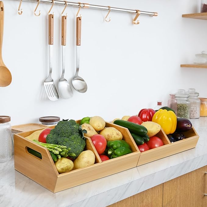 Ollieroo Bamboo Stackable Storage Bin, Pantry Organizer and Storage Baskets, Potato and Onion Kitchen Organizer, Kitchen Storage Containers for Produce, Fruit, Bread, Vegetable, Garlic, Pack of Two