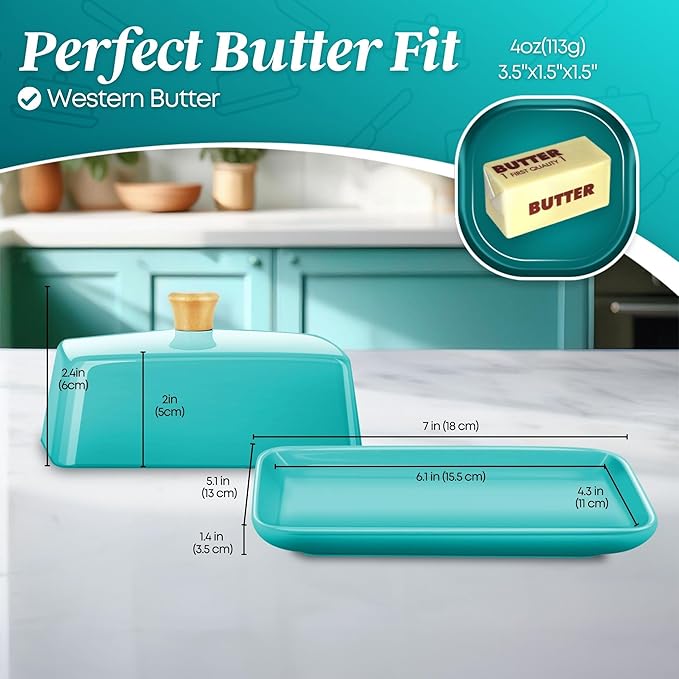 Flexzion Ceramic Blue European Butter Dish with Lid for Countertop (7 Inch) - Wide 2 Stick Double Butter Holder for Counter, Cream Cheese Container Storage Keeper