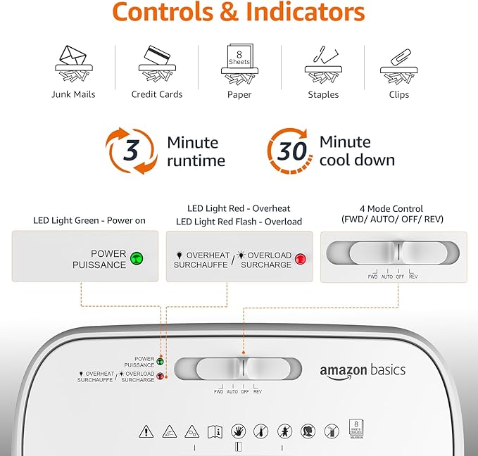 Amazon Basics Cross Cut Paper and Credit Card Shredder for Security - 8-Sheet, Heavy Duty, White