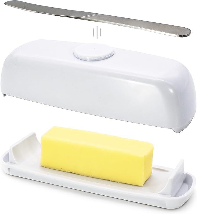 Butter Hub Butter Dish with Lid and Knife, Magnetic Butter Keeper, Easy Scoop, No Mess Lid, Plastic, Dishwasher Safe (White)