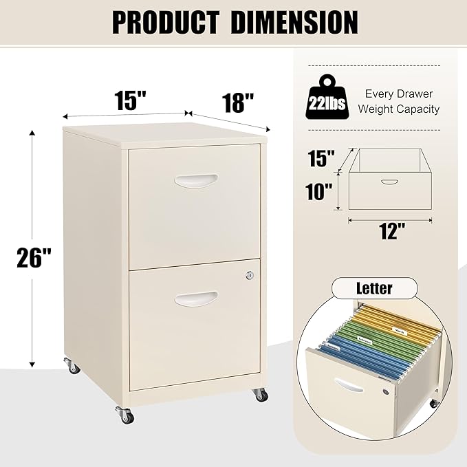 2 Drawer Mobile File Cabinet with Lock, Metal Filing Cabinets with Wheels,Rolling Storage Cabinet, Under Desk Vertical File Cabinet for Home Office, Lockable Steel Two Drawer for Letter Size, Cream