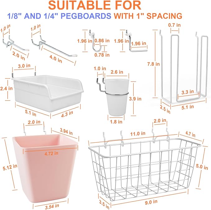 Pegboard Basket Organizers, Peg Board Large Baskets Hooks Bins Cups Tool Organizer 42 Pack Set, Wall Storage Display Hanging Accessories for Craft Office Stadio Shed Garage Organization (White & Pink)
