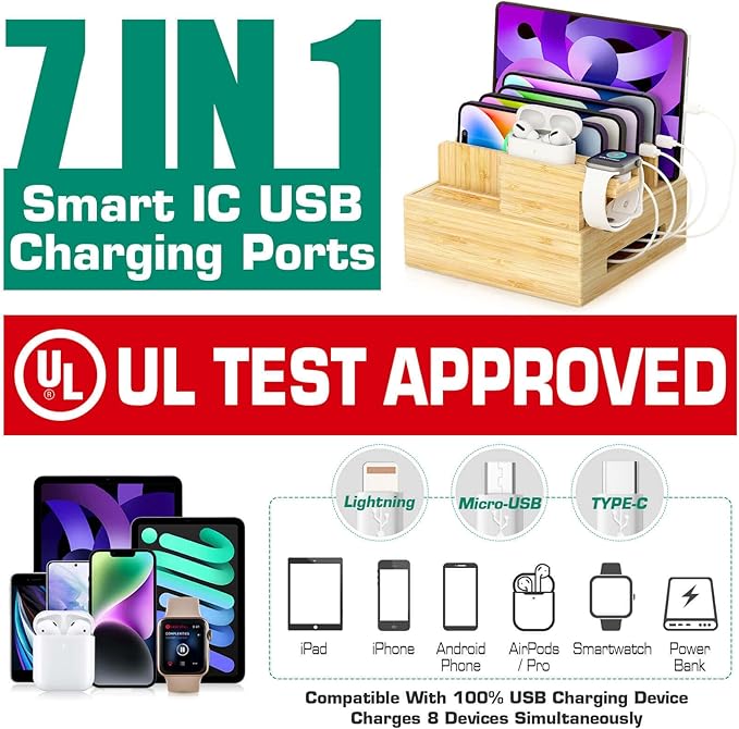 Darfoo Bamboo Charging Station for Multiple Devices - Wood Family Charging Station with 7 USB Ports and 1 Watch-Earbud Stand for Phones, Tablets, Smart Watches & Earbuds