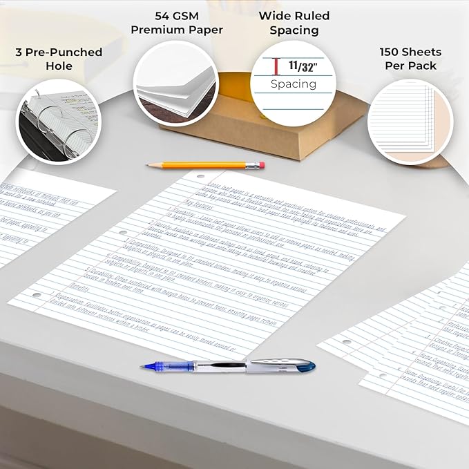 Bulk 3600 Sheets Loose Leaf Binder Filler Paper, Wide Ruled, Bulk Notebook Paper, 8 x 10.5", Loose Leaf Sheets, 3 Hole Punched, 24 Pack, 150 Sheets/Pack, Filler Papers, White
