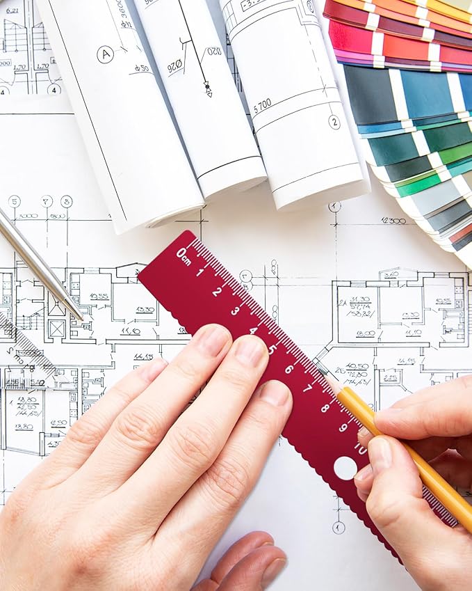 Honagu Triangular Ruler Set, 4+1Pieces Aluminum Alloy Ruler, Metal Drafting Ruler, Geometric Protractor for Students, School Office Supplies (Red, 20cm)