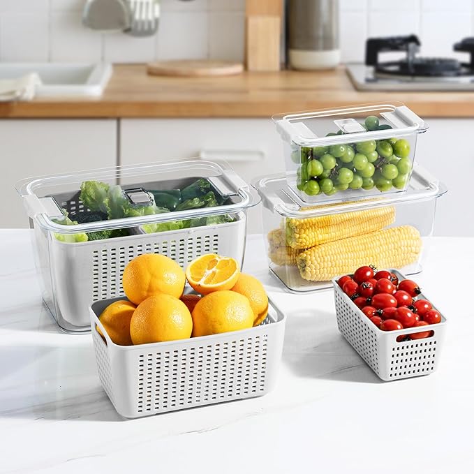 LUXEAR Fresh Container, 3PACK Produce Saver Container BPA Free Fridge Organizer for Vegetable Fruit and Salad Partitioned Food Storage Container with Vents Stay Fresh Containers Not Dishwashers Safe