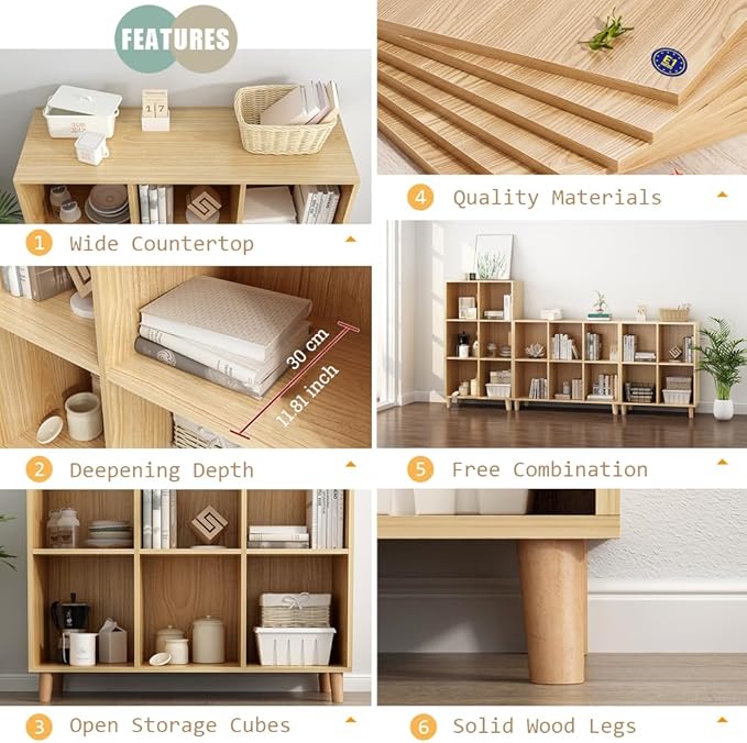 IOTXY Open Cube Low Bookcase - 3-Tier Freestanding Storage Display Cabinet Organizer with Legs for Home Office, 6-Cubes Open Shelf Short Bookshelf, Oak