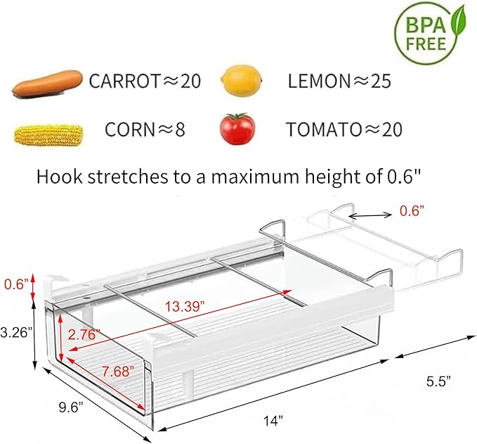 vacane Refrigerator Organizer Drawer,Plastic Fridge Drawer With Handle Pull Out Fridge Bins Organizer, Extra-Long Stretch 19.5",Cheese, Deli Meat, Drinks, Fruit, Vegetable