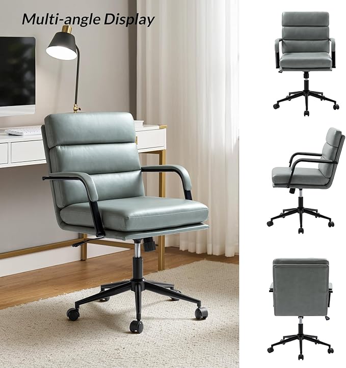 HULALA HOME Modern Faux Leather Home Office Chair with Tilt Lock & Metal Base, Desk Chair with Wheels & Padded Cushion, 360° Swivel Wide Seat Computer Task Chair, Sage