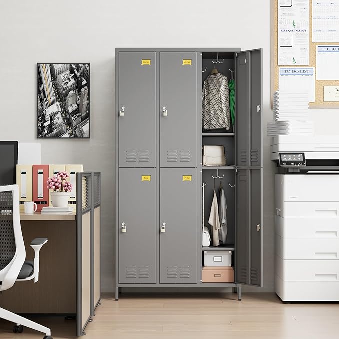 6 Doors Metal Lockers for Employees with 18 Hooks and Business Card Holder, Metal Locker with Ventilation Holes for School Garage Office Gym Home,Assembly Required,Dark Grey