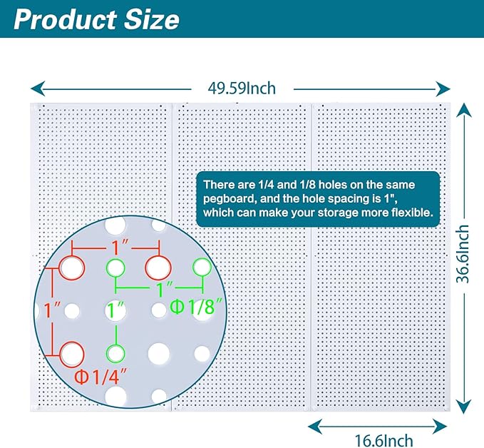 Pegboard Rack Garage Storage Steel Horizontal PegBoard Pack,Steel Pegboard Heavy Duty- 3 Pack 16-Inch X 36-Inch Metal Peg Board Tool Organization Panels (White)