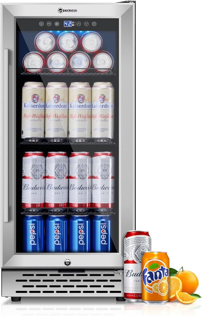 15 Inch Beverage Refrigerator Under Counter, 130 Cans Beverage Fridge with Tempered Glass Door & Lock, 37-65°F Beverage Cooler For Home/Bar, Built-in/Freestanding Mini Drink Cooler(3.53 cu.ft)