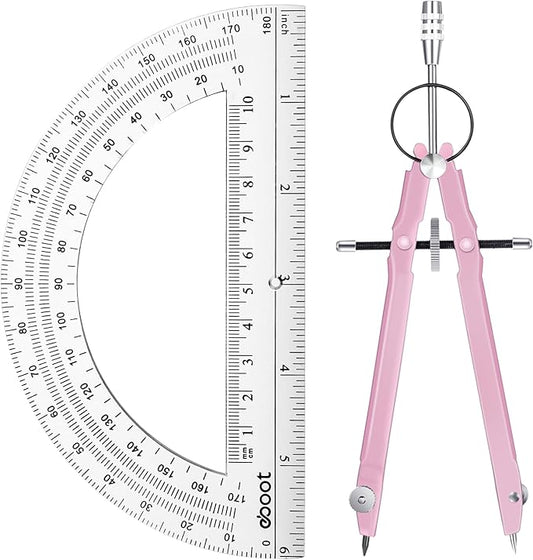 EBOOT Student Geometry Math Set, Drawing Compass and 6 Inch Clear Swing Arm Protractors 180 Degree Math Protractor (Pink)
