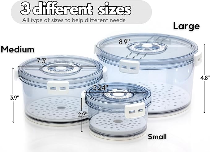 Lettuce Keeper for Refrigerator with Lids Lettuce Crisper 3-Piece Set Date Chronograph Airtight BPA-Free Removable Drain Tray and Air Vents